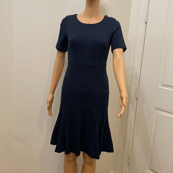 Banana Republic Scoop Neck Navy Blue Flare Bottom Zipper Back Short Sleeve Dress - Picture 2 of 5